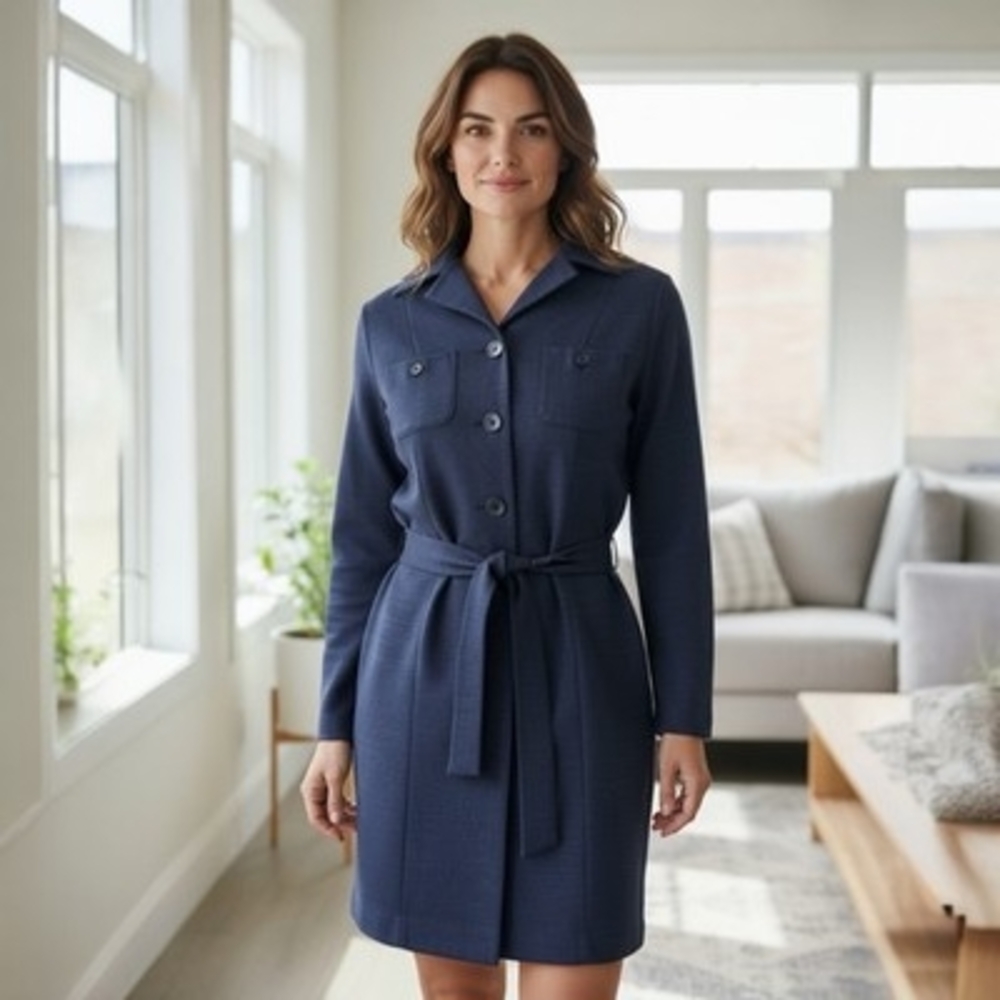 Vintage Clues Collection NY Paris Belted Jacket 4P Dark Blue Rayon Acetate VG